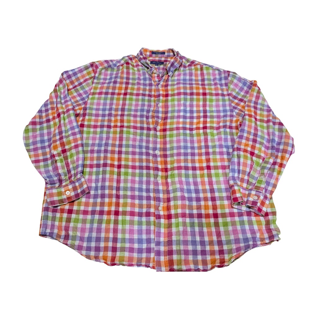 Alan Flusser Shirt Mens XXL Multicolor Gingham Linen Blend Button Down L/S
